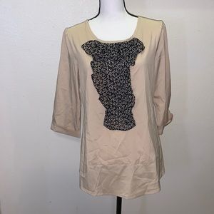 Downeast Basics tan ruffle pleated front blouse